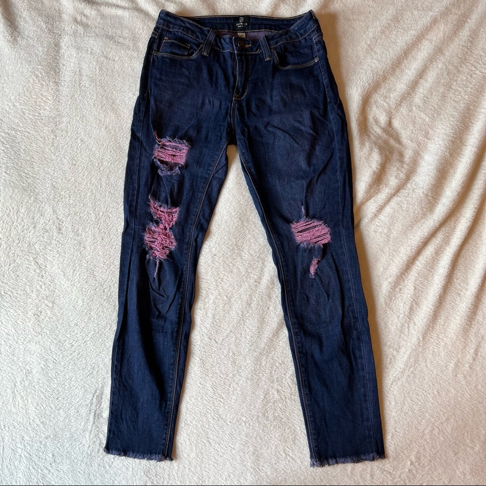 Just Black Slim Fit Dark Wash Pink Distressed Mid Rise Denim Jeans Skinny